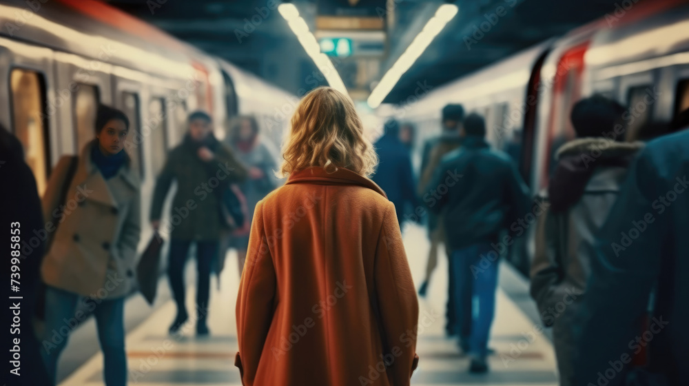 A woman stands on a busy subway train with people A woman stands on a busy subway train with people