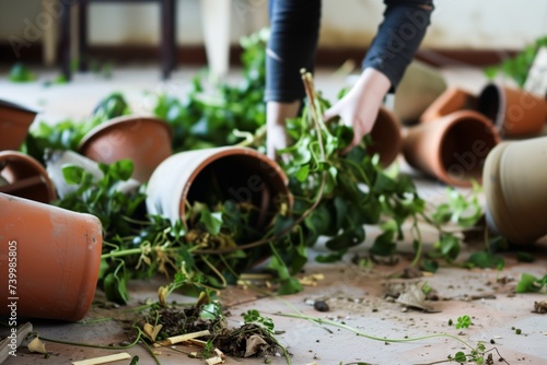 toppled plant pots and a person salvaging a green plant photo
