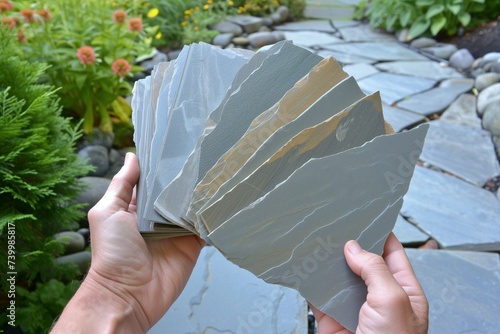stone flooring tiles fanned out in a persons hands with a garden backdrop
