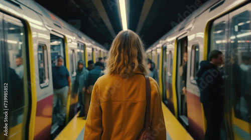 A woman stands on a busy subway train with people