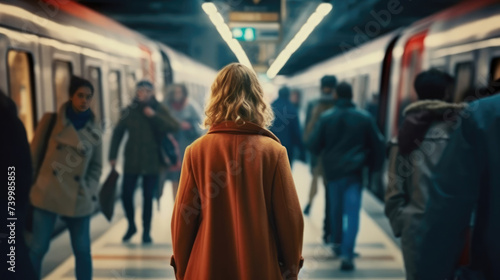 A woman stands on a busy subway train with people