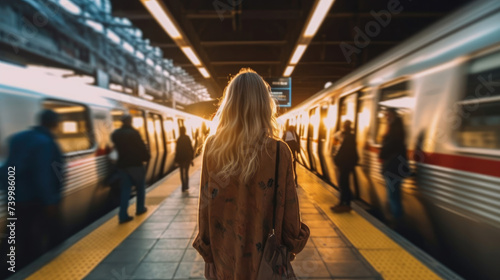 A woman stands on a busy subway train with people