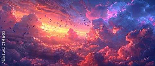 Digital birds flying through neon cloud formations sky art photo