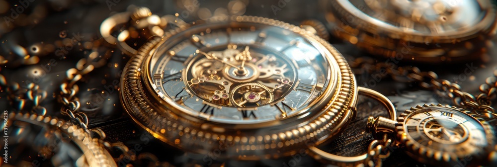 Obraz premium Detailed pattern of old-fashioned pocket watches and chains, Background Image, Background For Banner