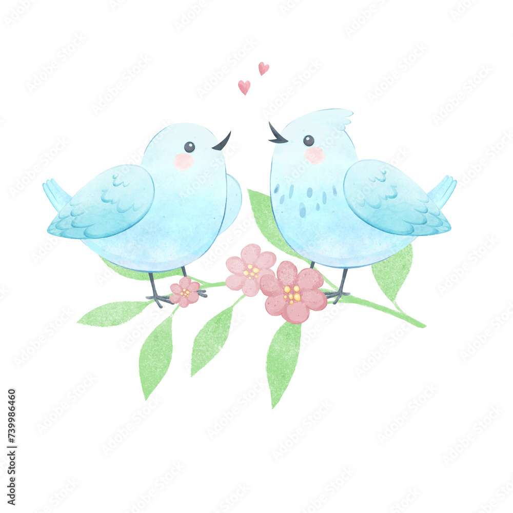 Two White Birds in love on a branch with Pink Flowers. Romantic Watercolor illustration, delicate design isolated on white background. Design for card, print on t-shirt, bag, notebook.  