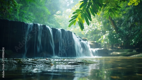 An ethereal waterfall cascades within a lush rainforest, its misty waters a testament to nature's serene beauty. Ideal for themes of nature's calm, ecological preservation, or as a peaceful backdrop