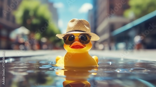Hello summer. Super cute rubber duck swimming in the puddle. Ai generated image photo