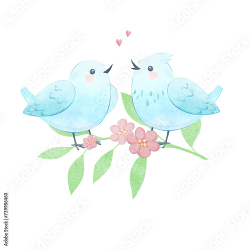 Two White Birds in love on a branch with Pink Flowers. Romantic Watercolor illustration  delicate design isolated on white background. Design for card  print on t-shirt  bag  notebook.  