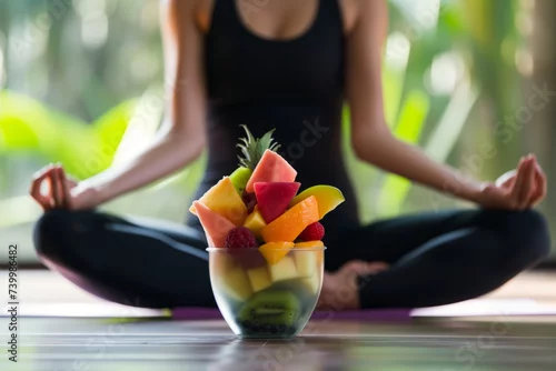 Fototapeta na wymiar yoga pose with a peaceful fruit salad blend