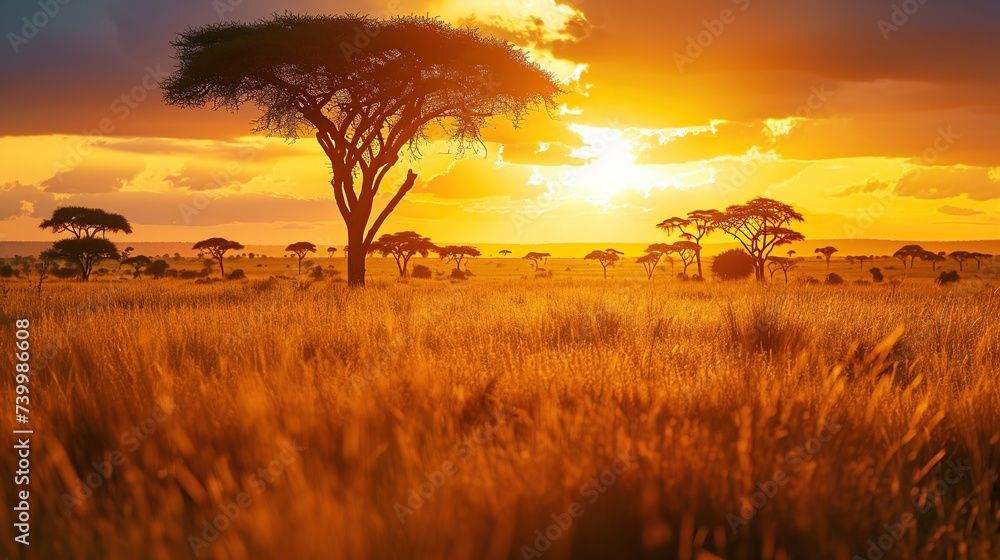 The African savannah basks in the golden light of sunset, with silhouettes of trees and animals. Ideal for nature and travel themes, the image has ample space for text