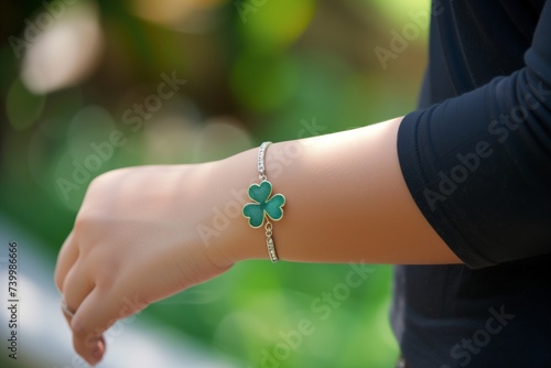 person with a fourleaf clover charm on a bracelet photo