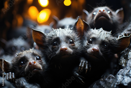 a group of bats hanging upside down in a cave. photo