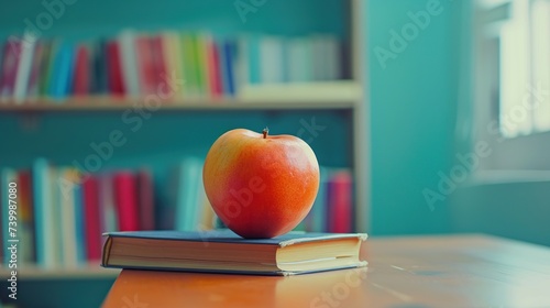 An apple resting on a stack of books in front of a bookshelf conveys the traditional symbol of education, perfect for academic themes and offering space for text on the wooden table.