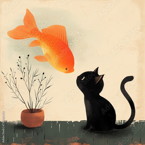 a cat looking at a goldfish