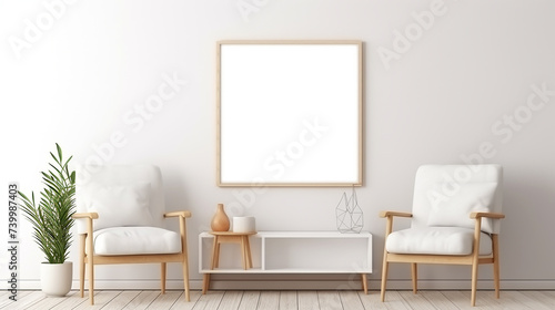 blank mockup empty poster frame in scandinavian style with white armchair