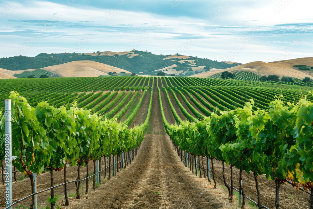 An expansive vineyard with rows of grapevines stretch