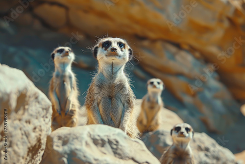 a group of meerkats surveying their surroundings from a rocky outcrop