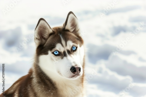 husky with piercing blue eyes in bright snowscape