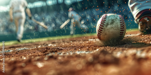 Baseball: Bat-and-ball game involving two teams taking turns to bat and field, aiming to score runs by hitting a ball and running around bases. photo