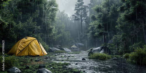 camping in the forest in a raining day