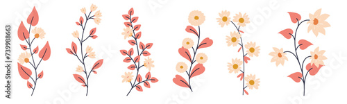 Collection of spring flowers and leaves, hand draw florals for patterns, greeting cards, invitation or posters. Cartoon  modern flowers on white background. Vector floral arrangements.