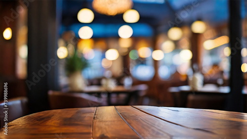 wooden table closeup with blur restaurant background