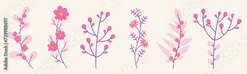Collection of spring flowers and leaves, hand draw florals for patterns, greeting cards, invitation or posters. Cartoon  modern flowers on white background. Vector floral arrangements.