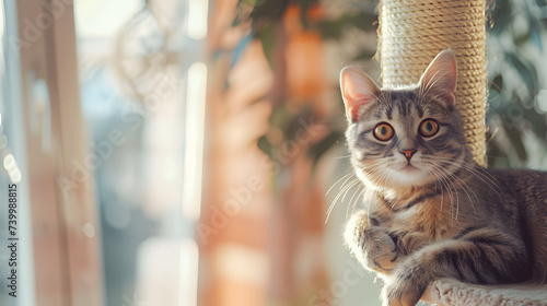 Cute tabby cat sitting on the window sill and looking at camera