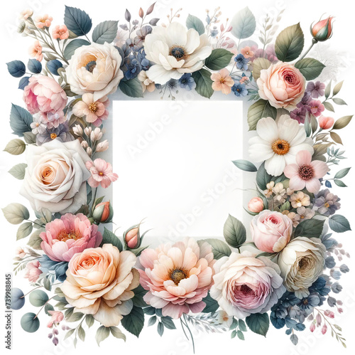 Soft Pastel Floral Frame with Blank Center isolated on solid white background : overlay texture with copy space