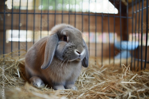 bunny with droopy ears sitting quietly in a strawfilled cage
