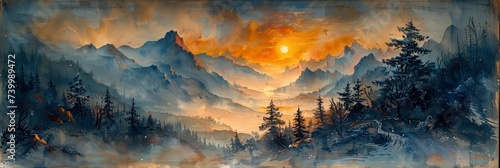Hand-drawn mountain landscape with pine trees and a sunrise, Background Image, Background For Banner