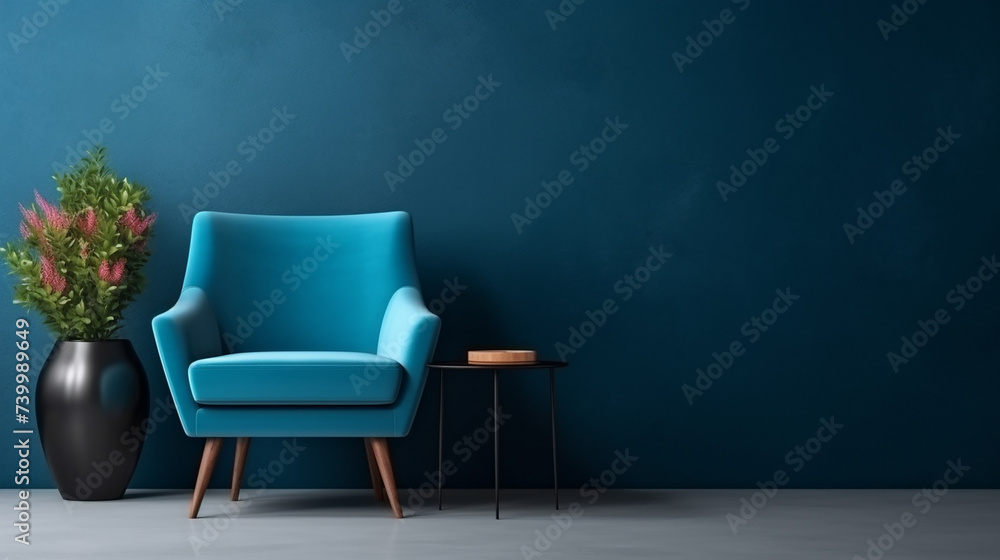 elegant room concept empty blank wall mockup with vertical frames with blue armchair