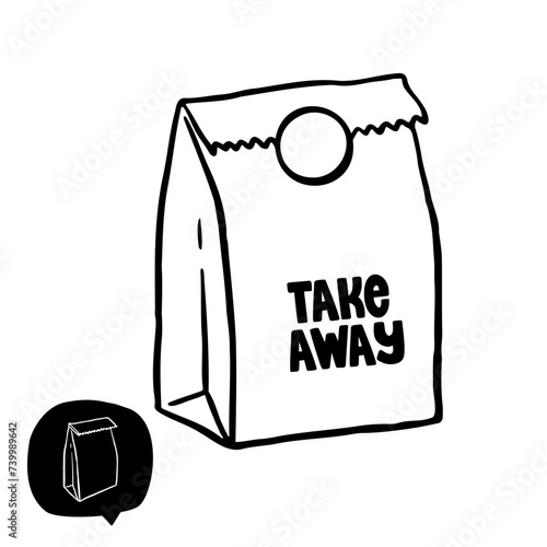 Hand drawn set of a take away bag. Vector illustration Burger house and take away. Doodle takeaway box.