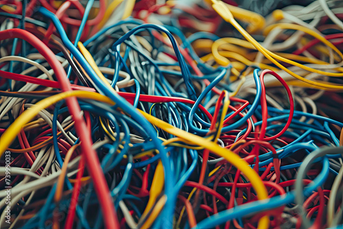 Detailed shot of tangled cables and cords photo