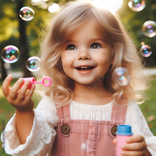 Joyful Young girl Playing With Soap Bubbles on a Sunny Day in the Park