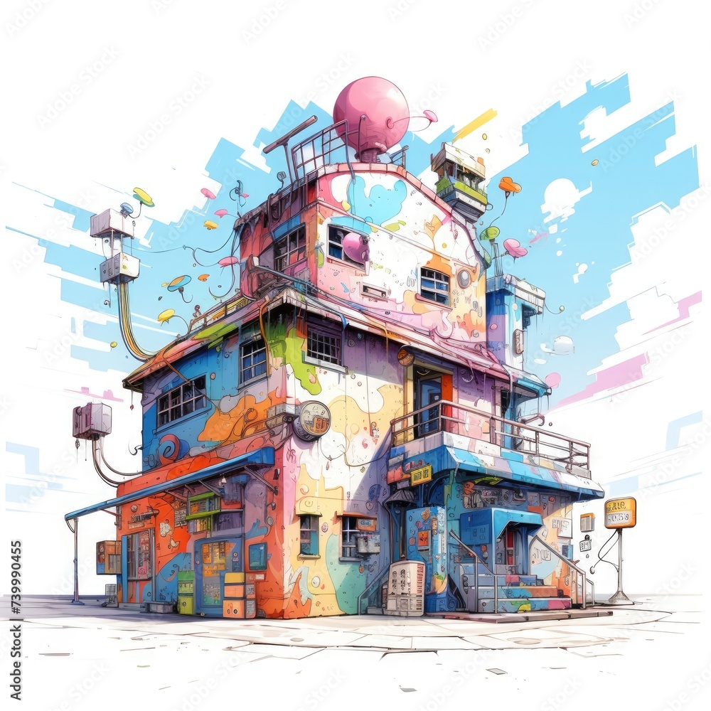 A detailed drawing of a building covered in colorful graffiti, showcasing urban street art and creative expressions on a printable wall art.