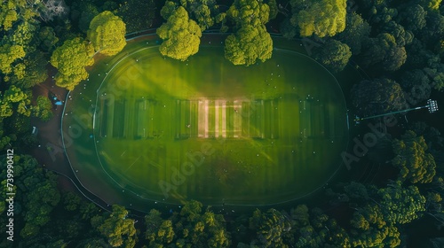 Aerial view of players, playing a game of Cricket on a Welsh Park Pitch in the summer photo