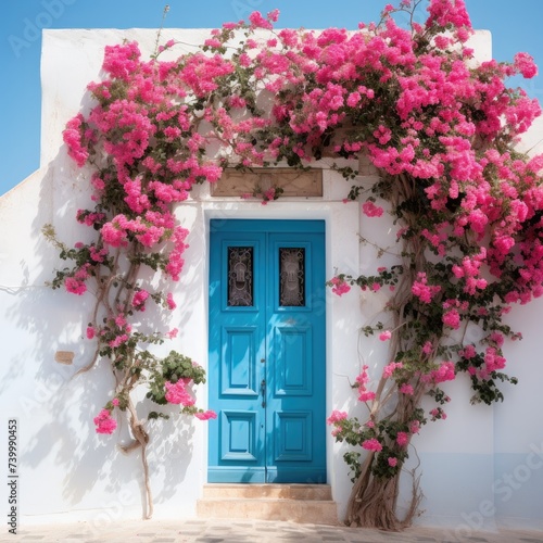 A white building featuring a striking blue door adorned with vibrant pink flowers. The contrast of colors creates a visually appealing scene.