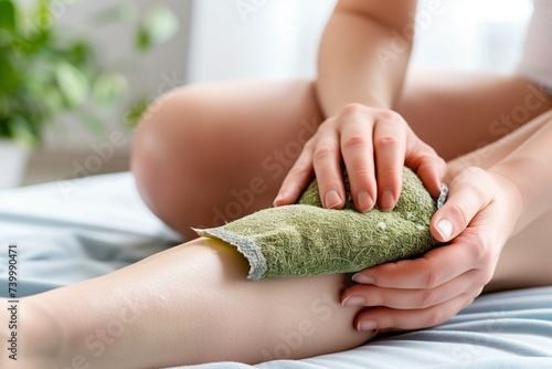 person placing a warm herbal compress on their knee photo