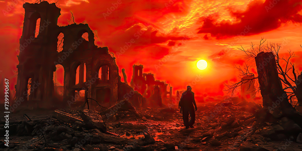 In a desolate landscape, a lone figure wanders through the ruins ...