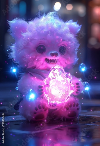 a purple stuffed animal with glowing lights