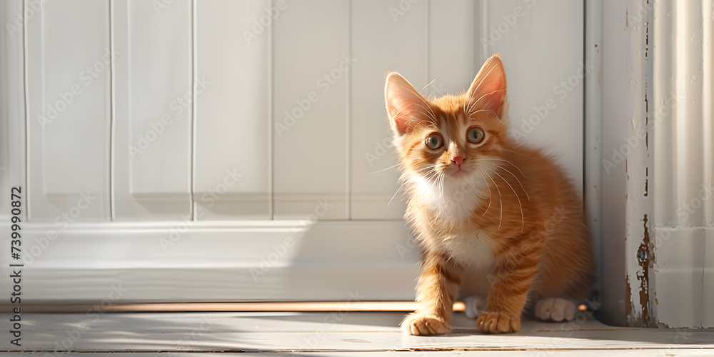 Cute little ginger kitten sitting on the windowsill and looking at the camera