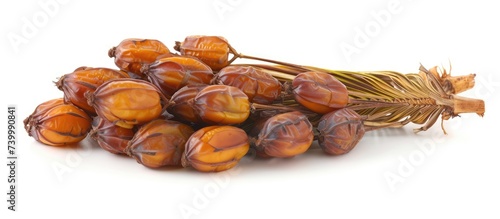 A collection of dried fruits, including dates from the Phoenix dactylifera plant, arranged in a stack on a white background.