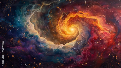Slika na platnu Celestial bodies in watercolor a galaxy swirling with vivid colors