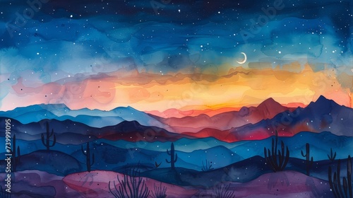Desert scenes at dusk watercolor shades blending into night