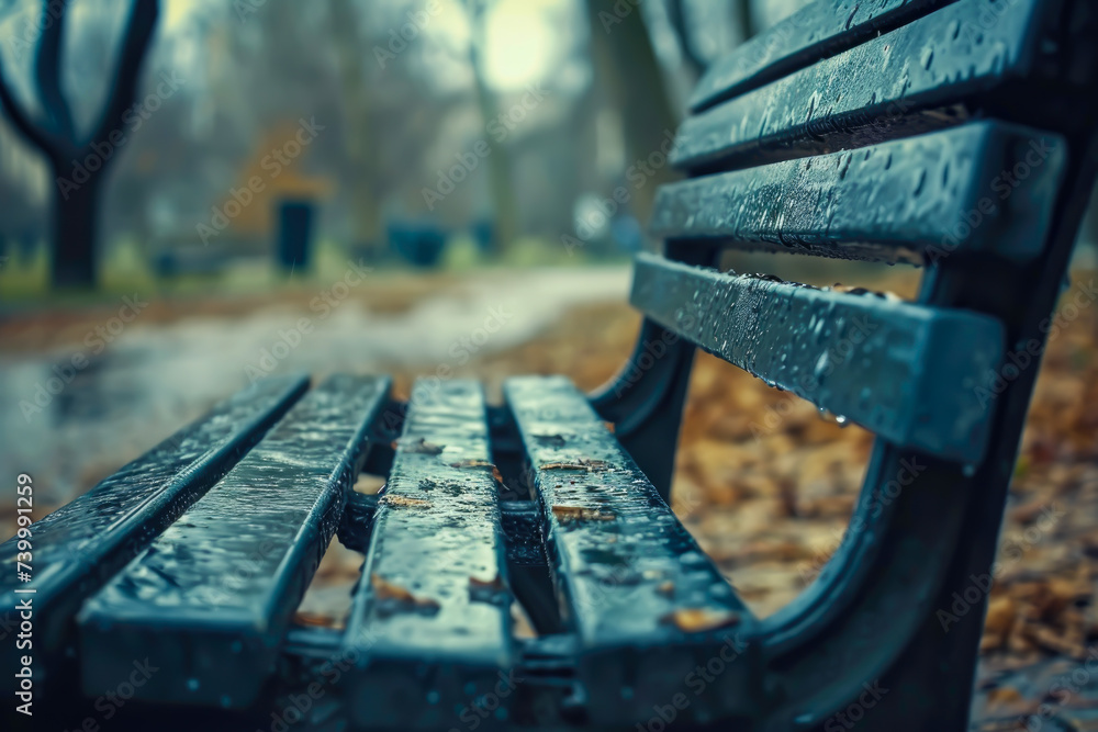 Macro view of an empty park bench symbolizing solitude - obrazy, fototapety, plakaty 