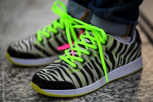 neongreen shoelaces on zebra print sneakers worn by a teenager