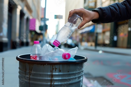 person tossing a plastic bottle into a brimming street trash can photo
