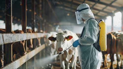 Scientist in protective suit and mask spraying pesticide on cows in farm photo
