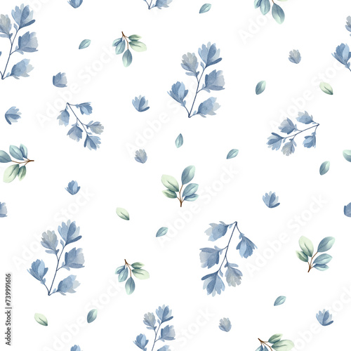 Seamless pattern with delicate flowers and leaves in turquoise colors. Hand drawn botanical wallpaper. Watercolor floral background. © Hanna ArtLab